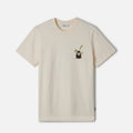 Organic cotton t-shirt with a graphic of a lone black sheep on the chest and a flock of sheep grazing in a field on the back.